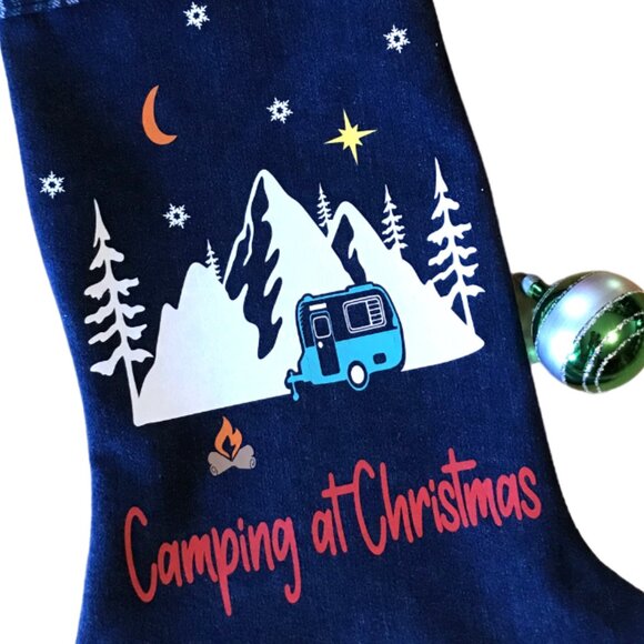 Recycled Denim Christmas Stocking: Mountains Cabin Decor, Camping Fishing, M-L - Picture 6 of 7